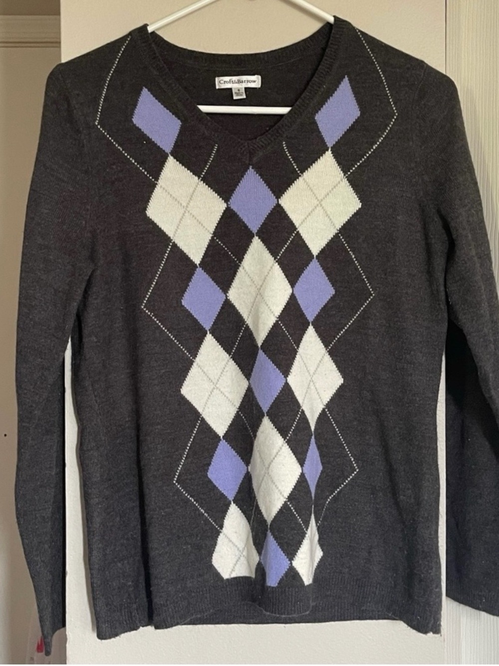 Croft & Barrow women's S pullover sweater multicolor argyle v-neck long sleeve